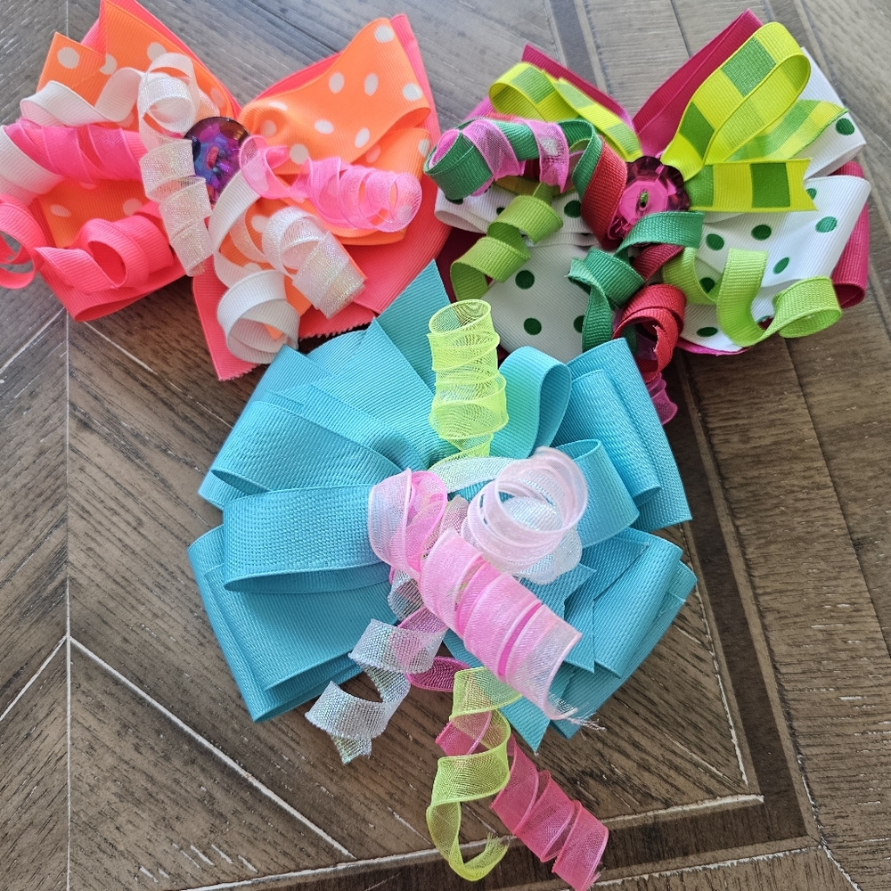 Girls Hairbows Set - 3 Pieces Loopy Or Corker Style Neon Colors